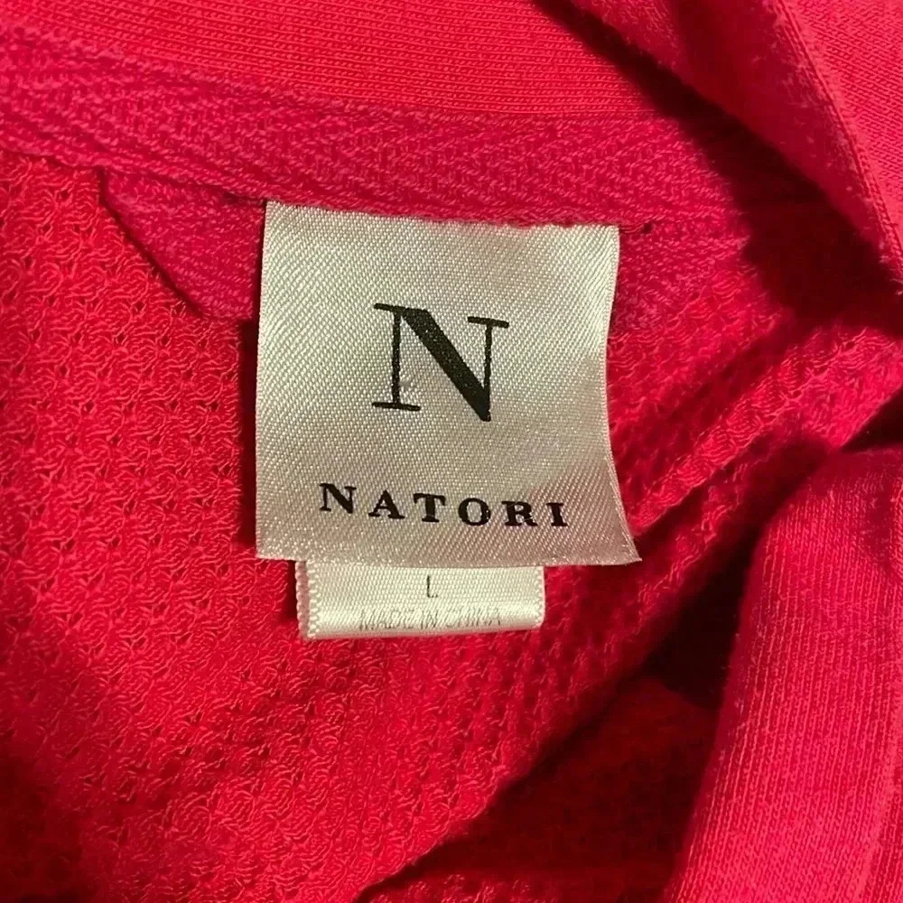 Natori Women Size L Bath Robe Textured Knit Hot Pink Belted Cotton Blend Pockets